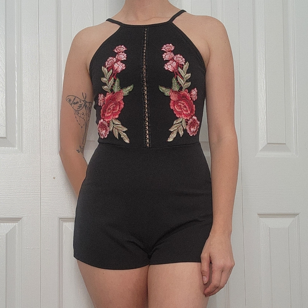Black Floral Embroidered Halter Romper